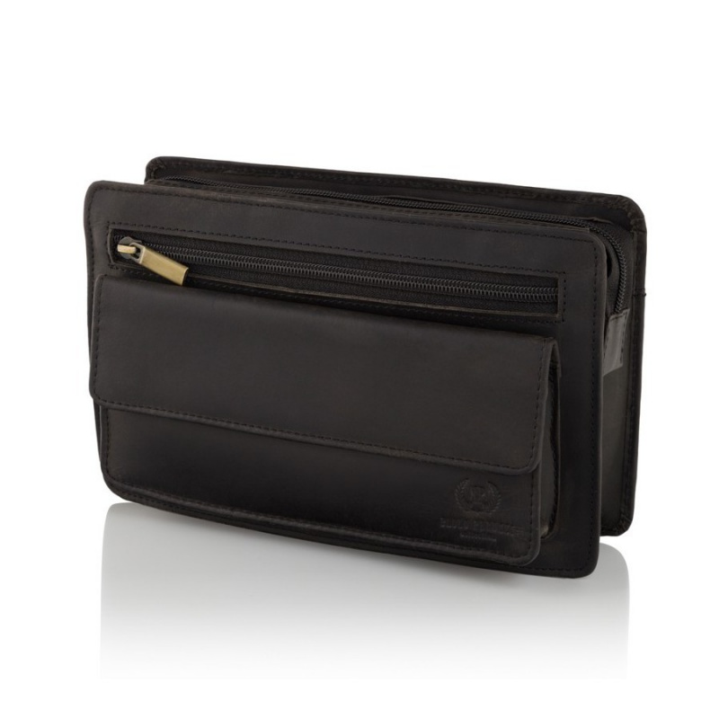 Čierna pánska kožená príručná taška na zips.