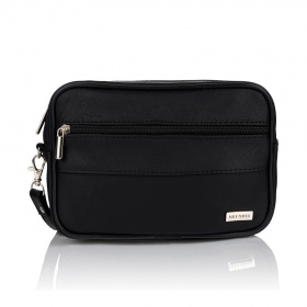 Pánska čierna kožená príručná taška na zips, s remienkom