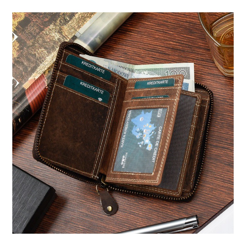 Pánska kožená hnedá peňaženka na zips DIRK