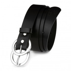 Dámsky čierny kožený opasok so striebornou prackou DOUBLE