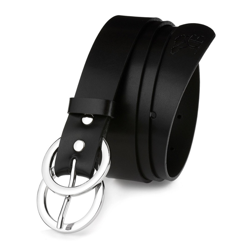 Dámsky čierny kožený opasok so striebornou prackou DOUBLE