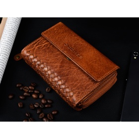 Dámska kožená hnedá peňaženka na patent, s vrkočovým vzorom