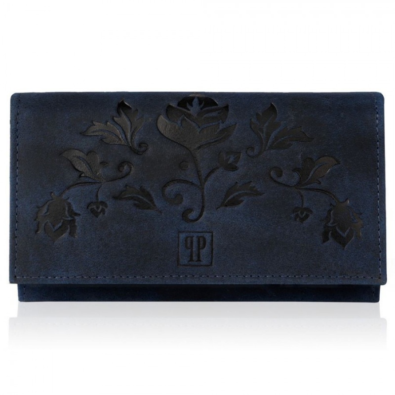 Dámska kožená tmavomodrá vintage veľká peňaženka na patent