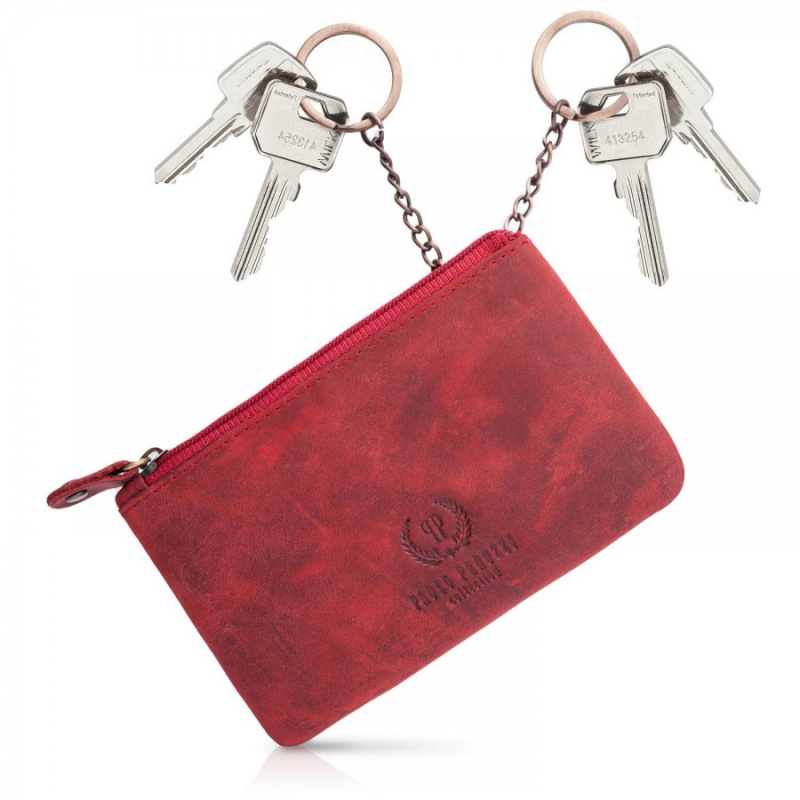 Sada dámska červená vintage kožená peňaženka s kvetinovým motívom a kožené červené vintage puzdro na kľúče Paolo Peruzzi