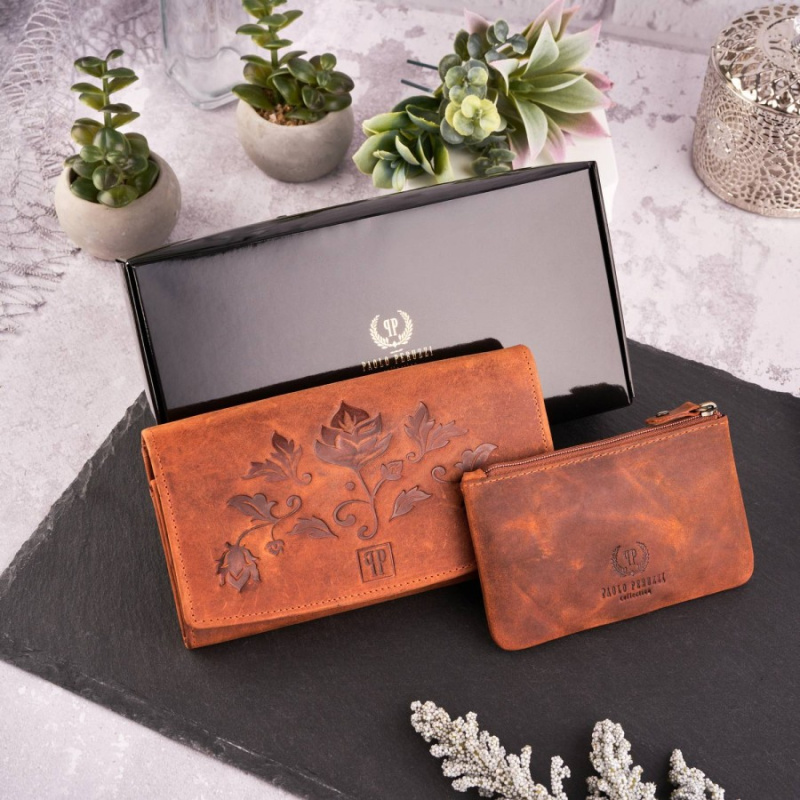 Sada pre ženy - kožená oranžová vintage dámska peňaženka a kožené oranžové vintage puzdro na kľúče Paolo Peruzzi