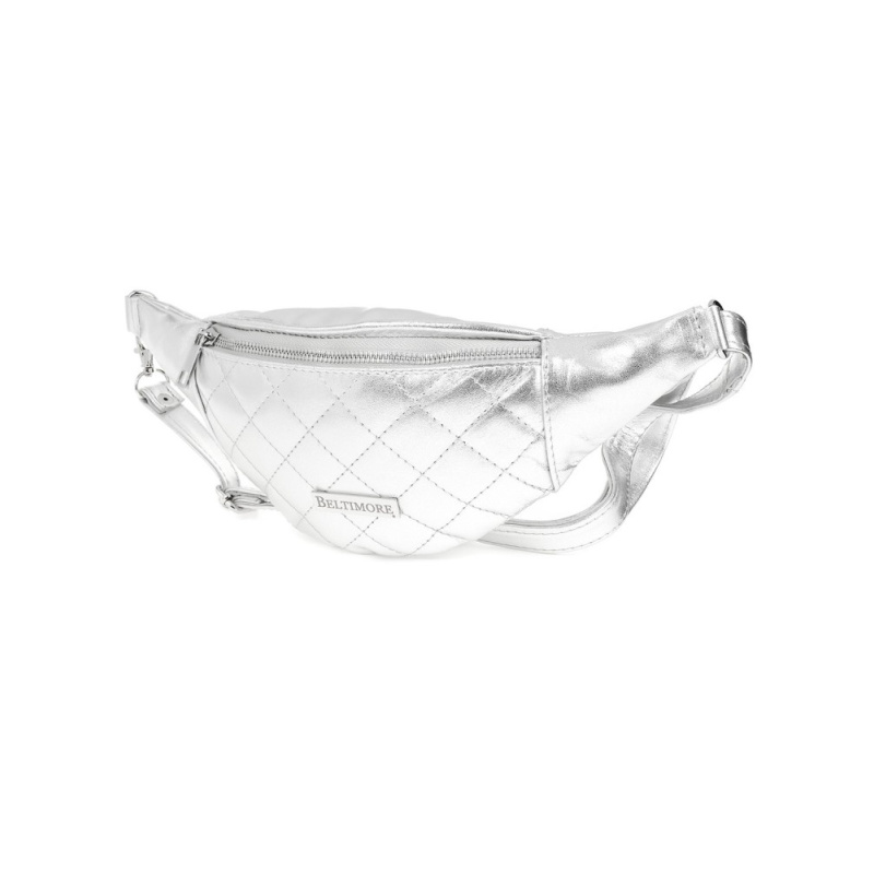 Kožená dámska strieborná ľadvinka s prešívaným vzorom, crossbody kabelka, cez telo