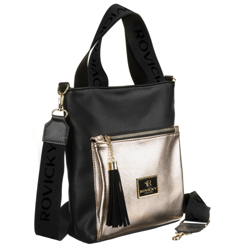 Dámska čierno-zlatá kabelka do ruky, na rameno, cez plece, cez telo (crossbody)