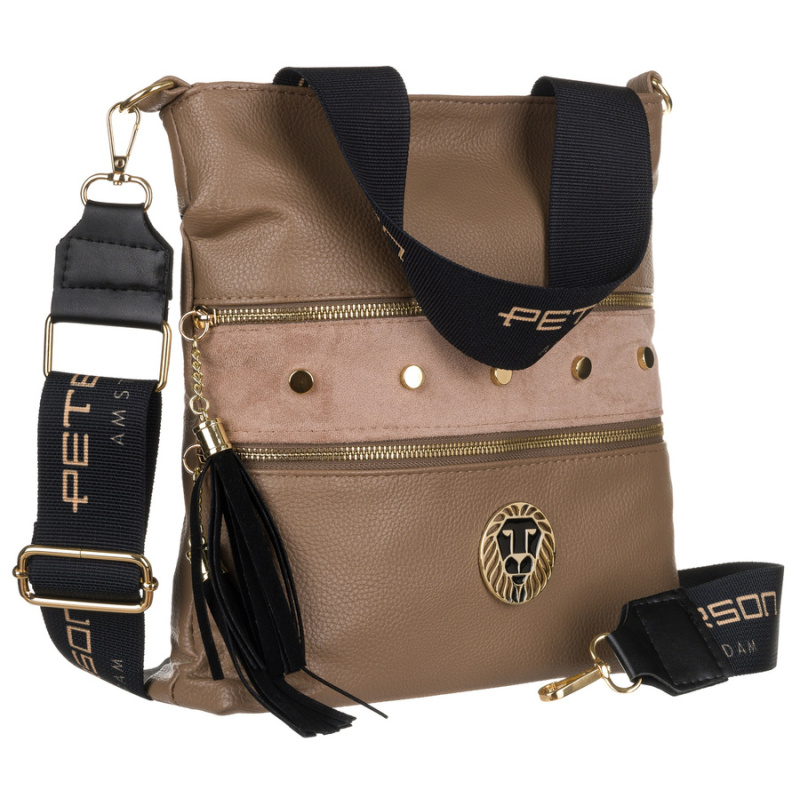 Dámska béžová kabelka do ruky, na rameno, cez plece, cez telo (crossbody), so zlatými detailmi