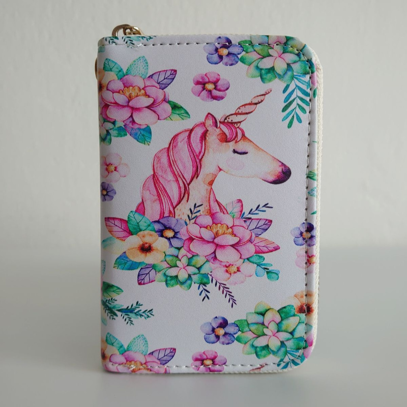 Detská peňaženka na zips s motívom jednorožca a kvetín, so vzorom, s potlačou