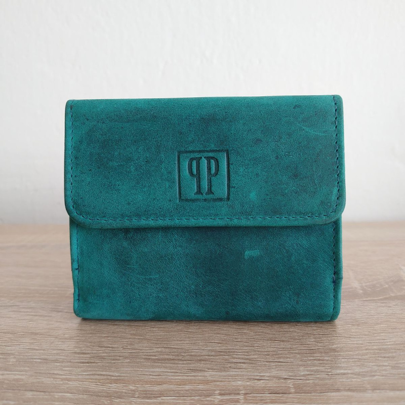 Kožená malá dámska zelená peňaženka na patent (kovový cvok)