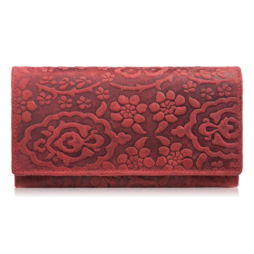 Dámska kožená červená veľká peňaženka s kvetinovým vzorom