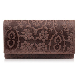 Dámska kožená hnedá veľká peňaženka s kvetinovým vzorom