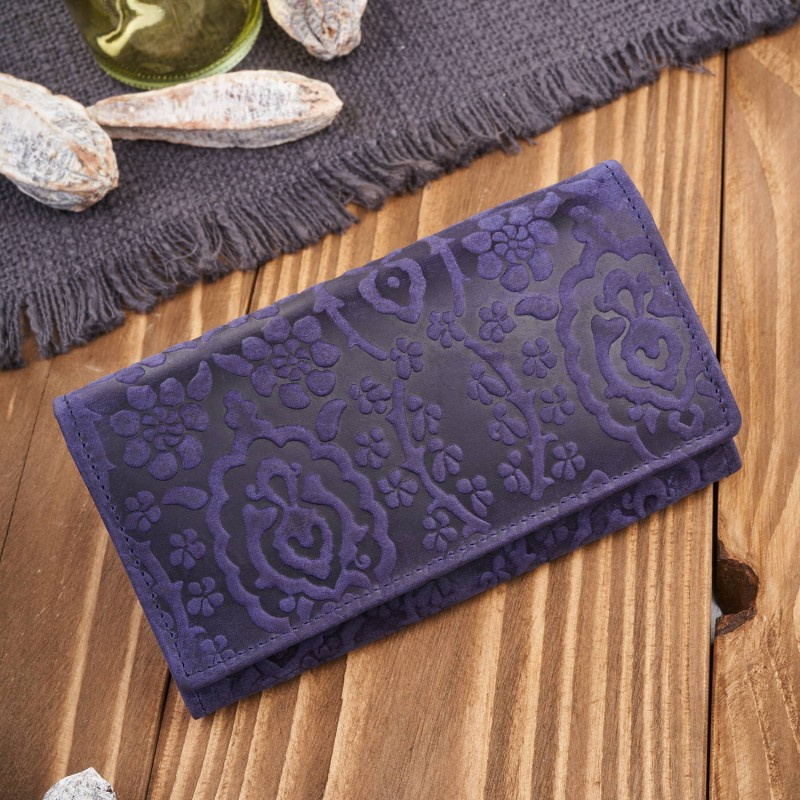 Dámska kožená modrá veľká peňaženka s kvetinovým vzorom