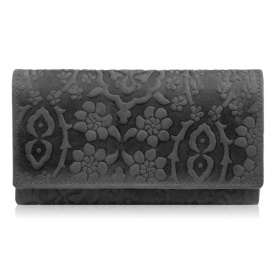 Dámska kožená čierna veľká peňaženka s kvetinovým vzorom