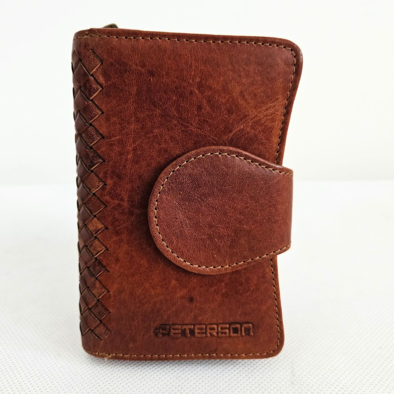 Kožená dámska koňaková peňaženka s pleteným zdobením