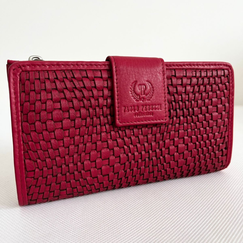 Dámska kožená malinová veľká pletená peňaženka