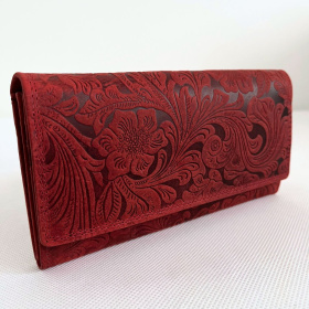 Dámska kožená červená vintage peňaženka s kvetinovým vzorom