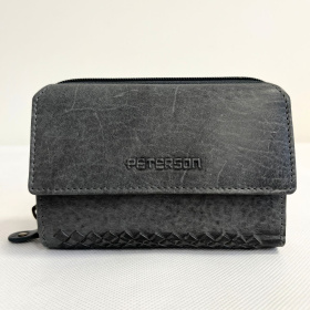 Sivočierna kožená dámska peňaženka s pleteným zdobením