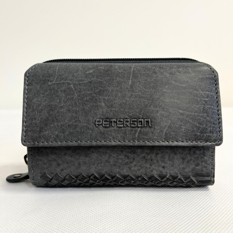 Sivočierna kožená dámska peňaženka s pleteným zdobením