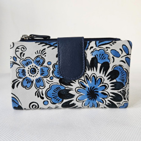 Dámska kožená peňaženka bielo-modrá s kvetinovým vzorom