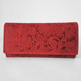 Dámska kožená červená vintage peňaženka s kvetinovým vzorom